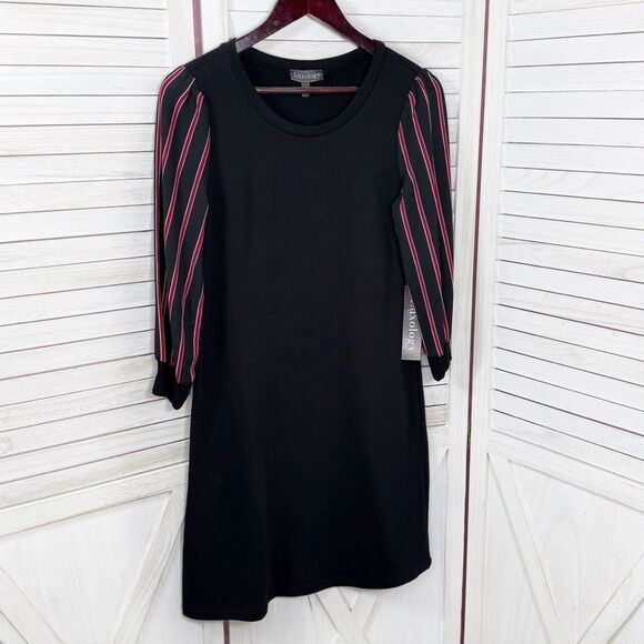 Luxology Jersey Knit Sheer Striped Sleeve Shift Dress Black XS - Picture 7 of 12